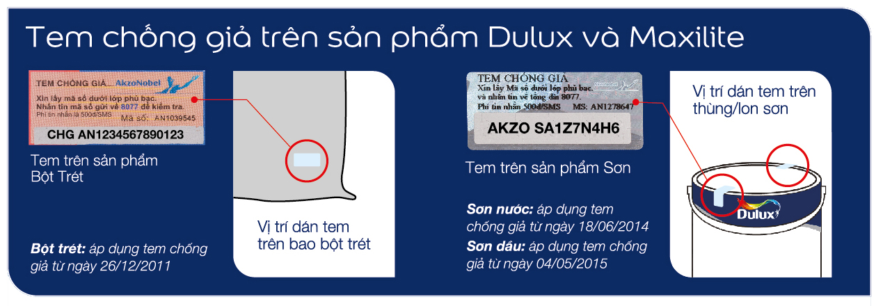 kết quả hình ảnh tem chống hàng giả dulux và maxilite