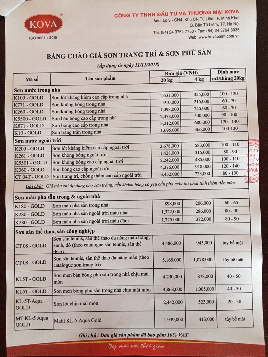 kết quả tìm kiếm hình ảnh bảng giá sơn kova