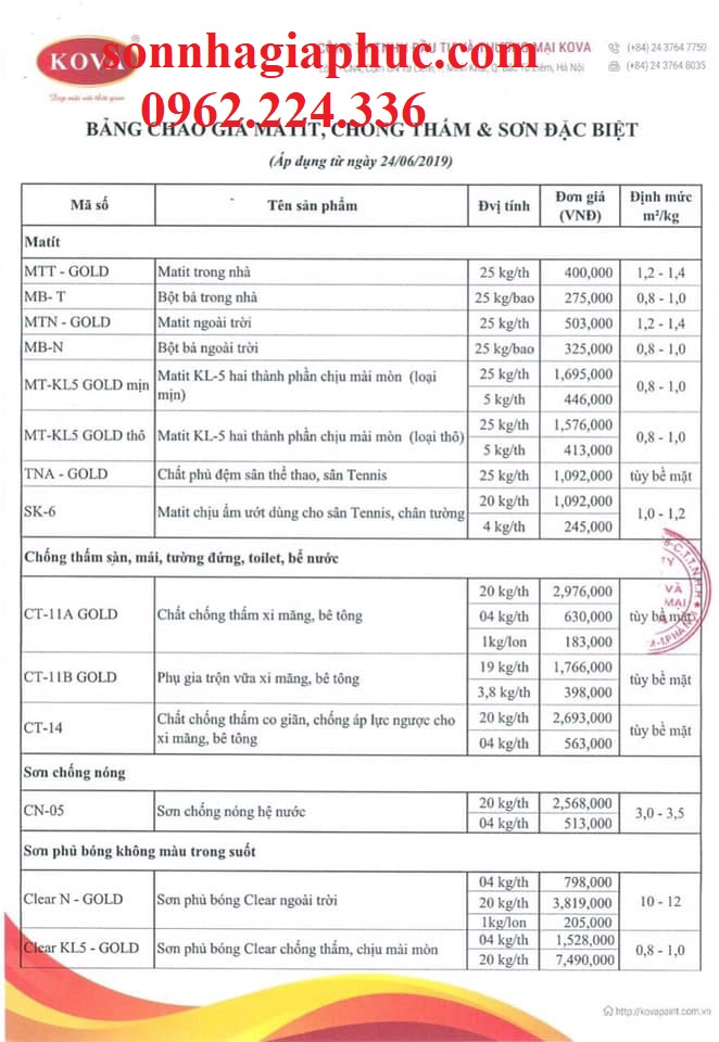bảng giá sơn kova mới nhất