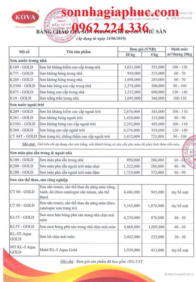 bảng giá sơn kova mới nhất